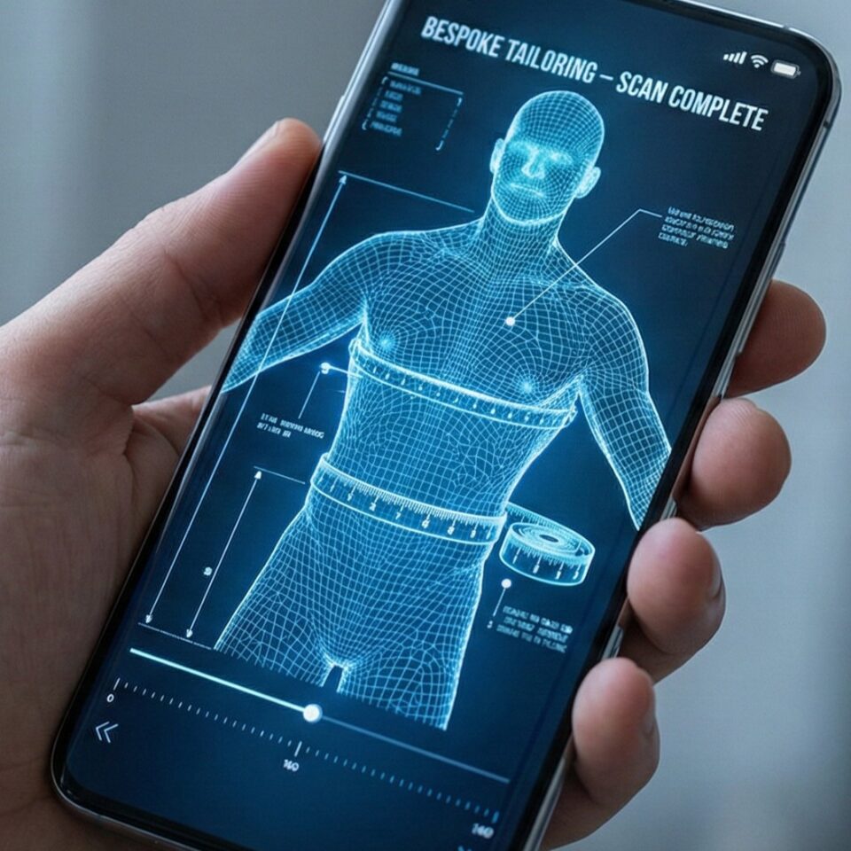Smartphone showing 3D body scan for bespoke tailoring, indicating precise measurements for custom clothing fit.