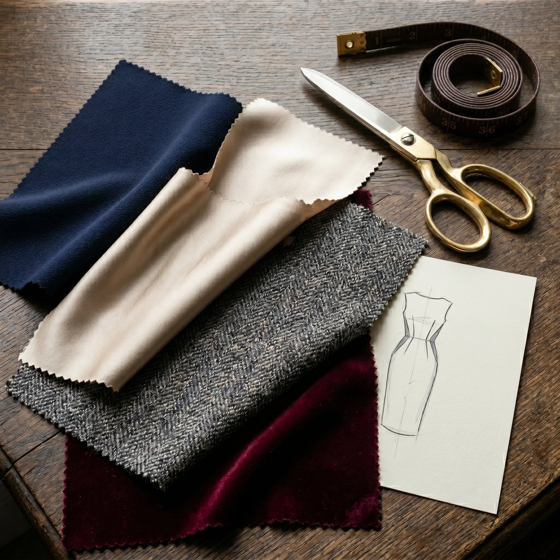 Fabric samples, dress sketch, measuring tape, and scissors on a wooden table, reflecting fashion design creativity.