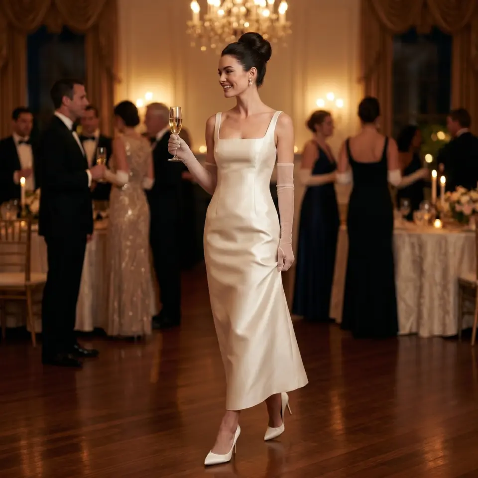 An elegant woman in a silk ivory square-neck sheath dress and sheer opera gloves holds a flute of champagne as she steps through a grand, candlelit formal gathering.