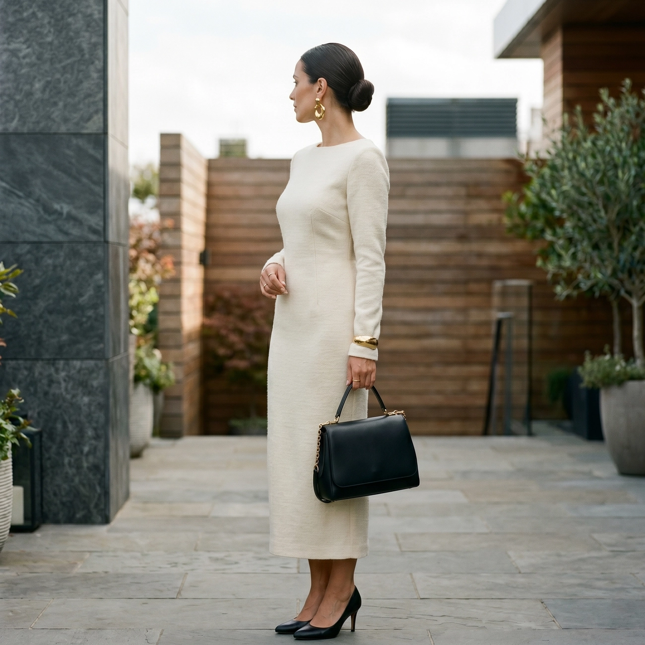 A woman wearing the perfect sheath dress in cream, paired with a black handbag.