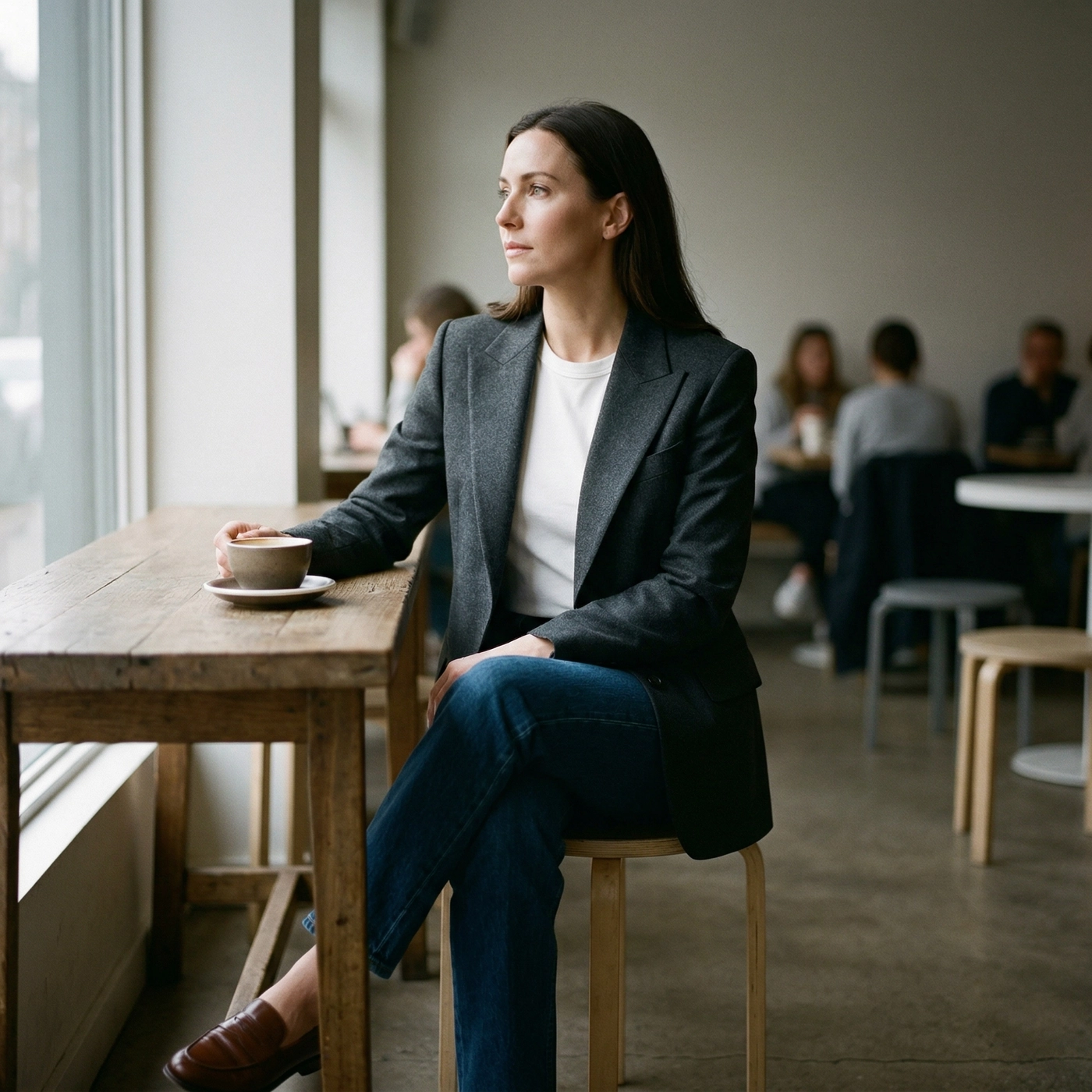 A woman in a cafe gazing out the window, effortlessly styling a tailored blazer with jeans to showcase the power of separates.