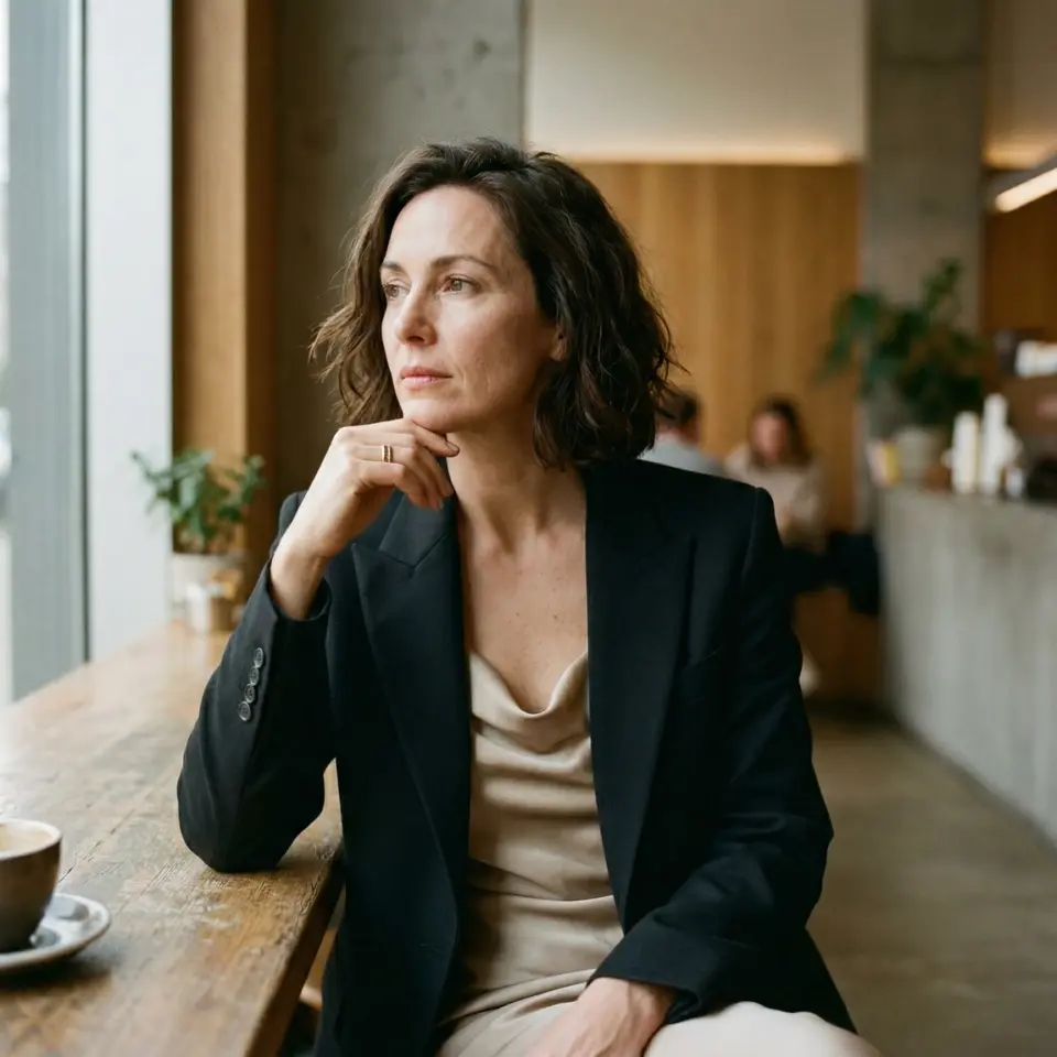 Woman in a blazer sits at a cafe, gazing thoughtfully out the window with a cup of coffee on the table.