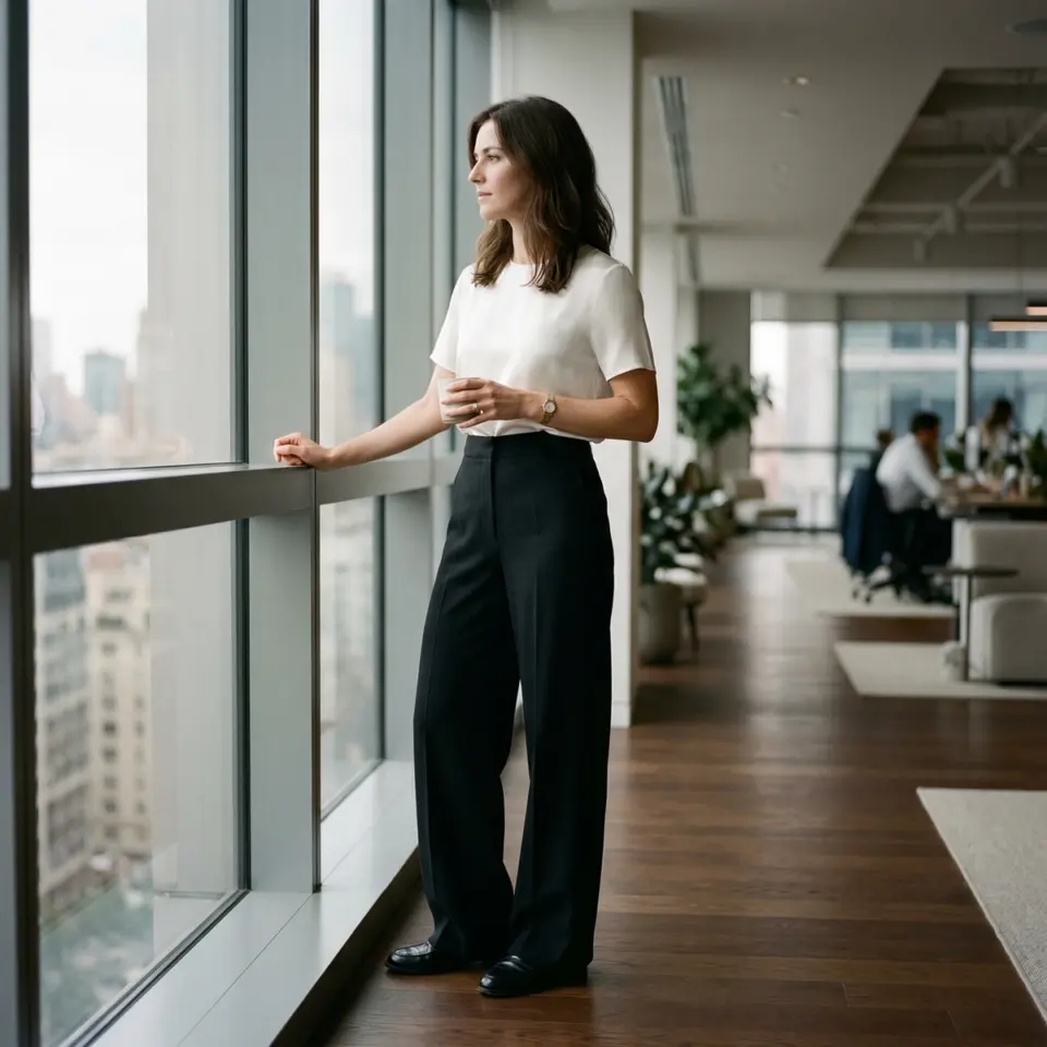 Businesswoman looking out office window, holding a cup, in a modern, open-plan workspace.