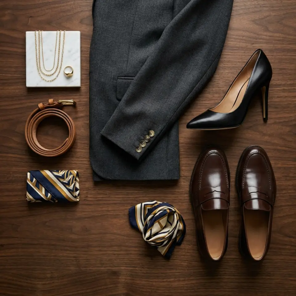 Dark suit jacket, black heels, brown loafers, striped tie, gold jewelry, belt on wood background - formal fashion flatlay.