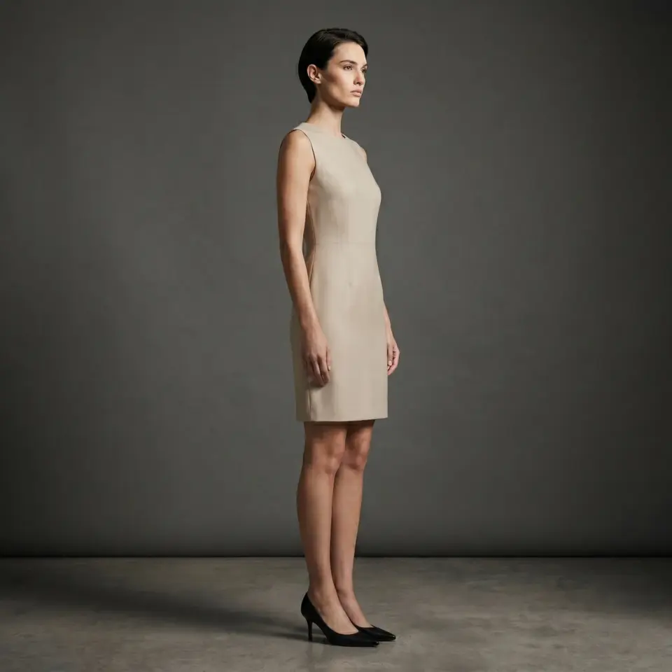 Woman in beige sleeveless dress and heels stands in profile against a dark background. Minimalist fashion style.