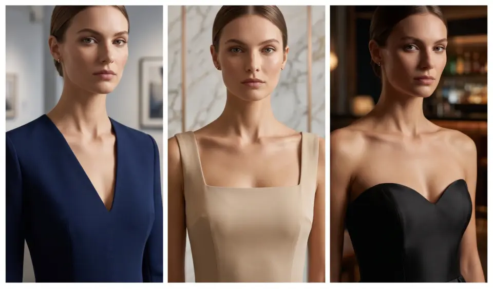 Three models in elegant evening dresses: blue V-neck, beige square-neck, and black strapless, showcasing fashion styles.