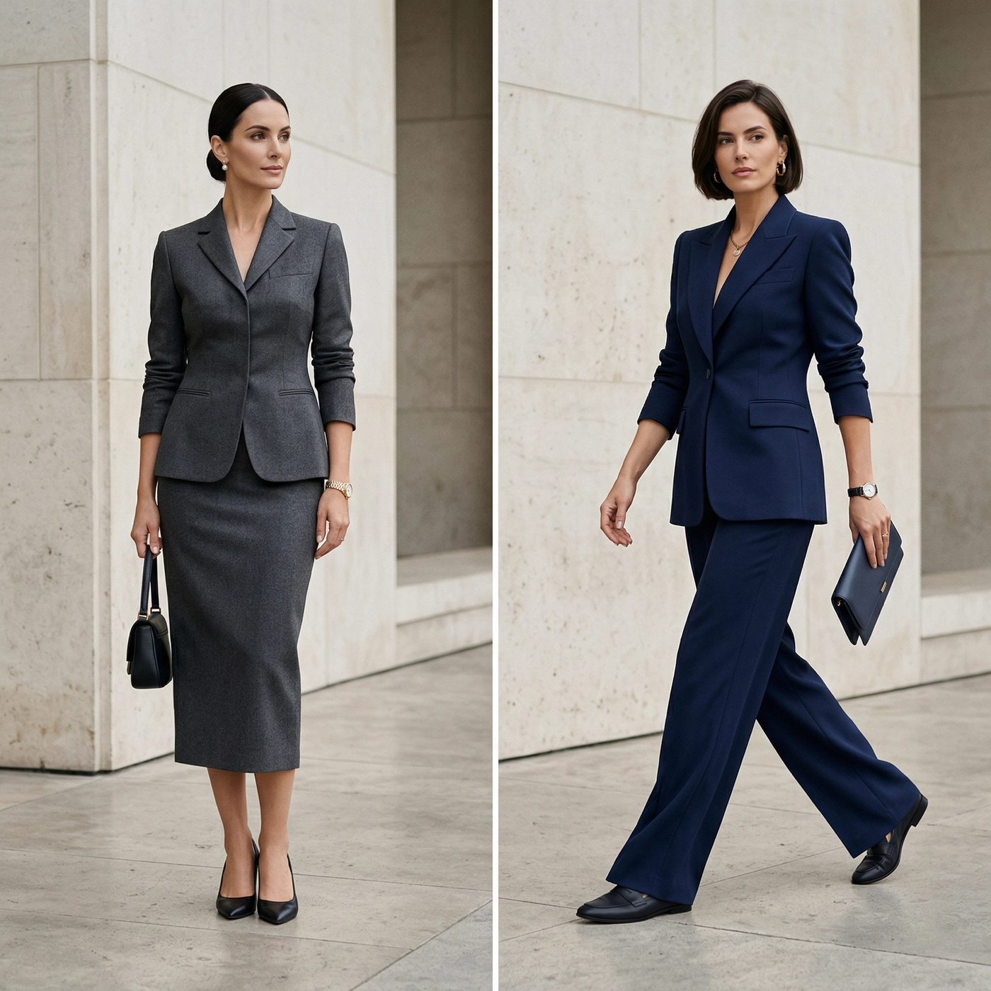 A side-by-side comparison of a classic charcoal grey skirt suit and a modern navy blue pant suit, illustrating the professional choice between Skirt Suits or Pant Suits.