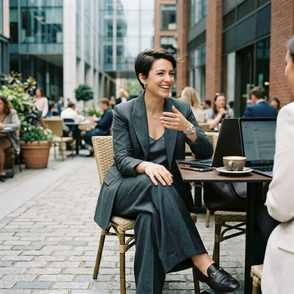 Woman in a suit laughing at an outdoor cafe table with a laptop and coffee.