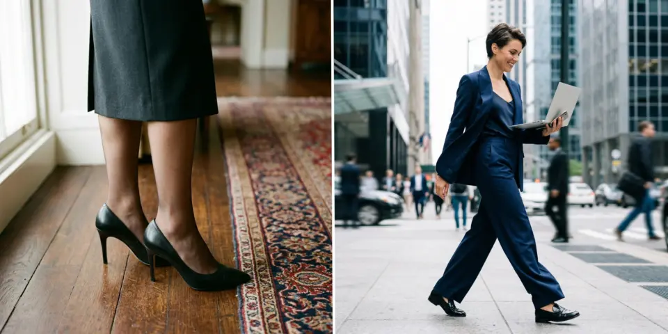 Professional women at work: one in an office in heels, the other walking in a city with a laptop.