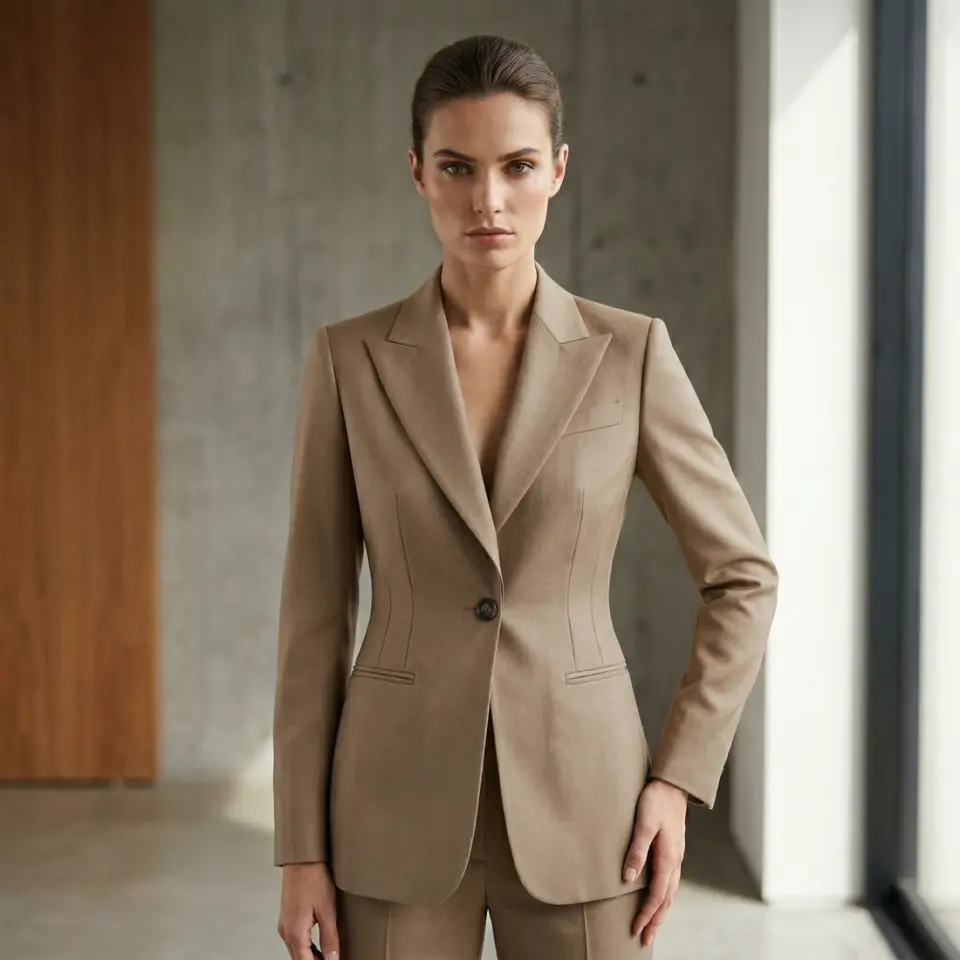 Woman in a tailored beige blazer standing in a modern interior, exuding confidence and professionalism.
