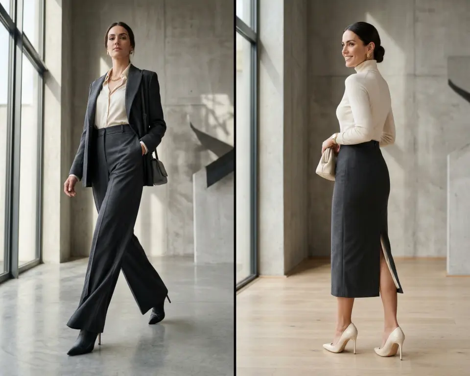 Woman in stylish business attire, left in suit with slacks, right in turtleneck with skirt, standing indoors.