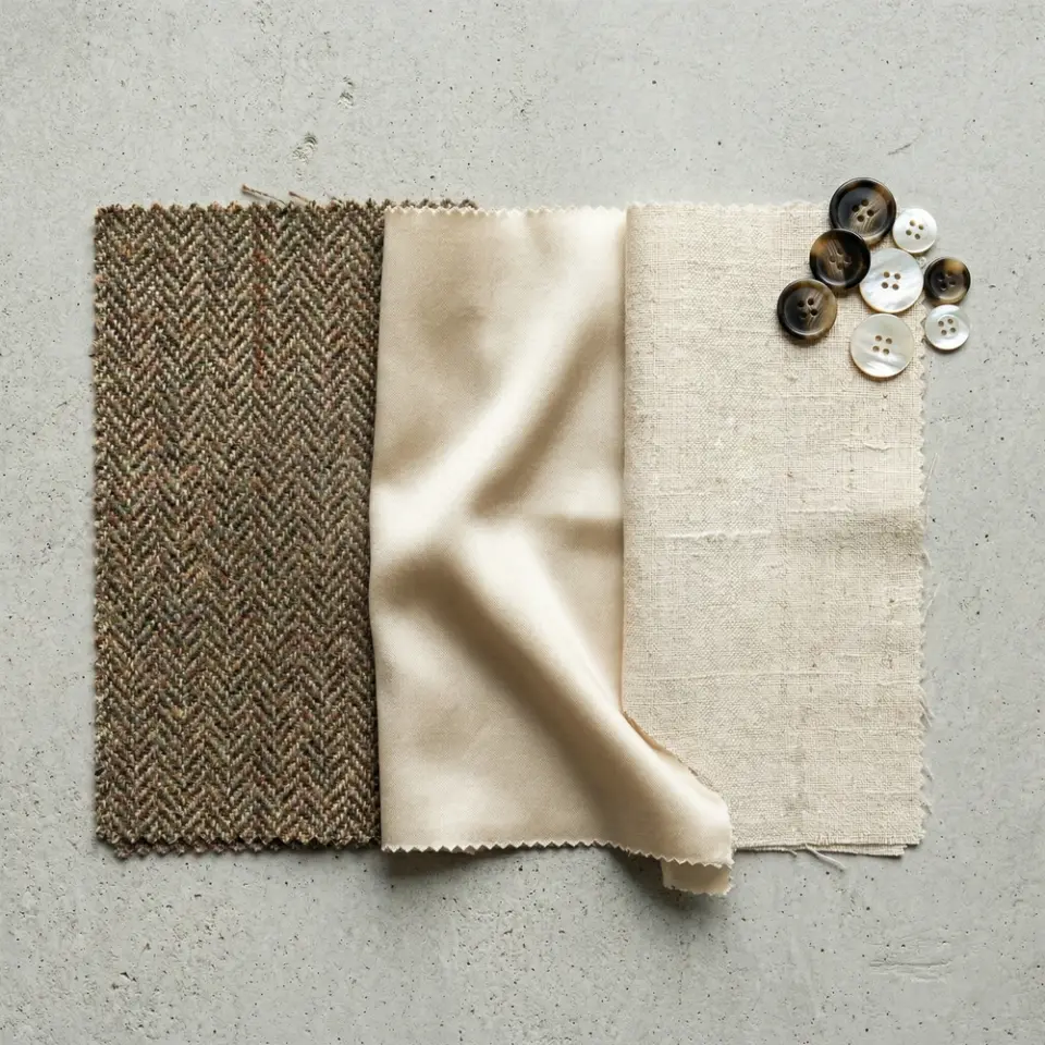 Fabric swatches in herringbone, satin, and linen with assorted buttons on a textured grey surface.