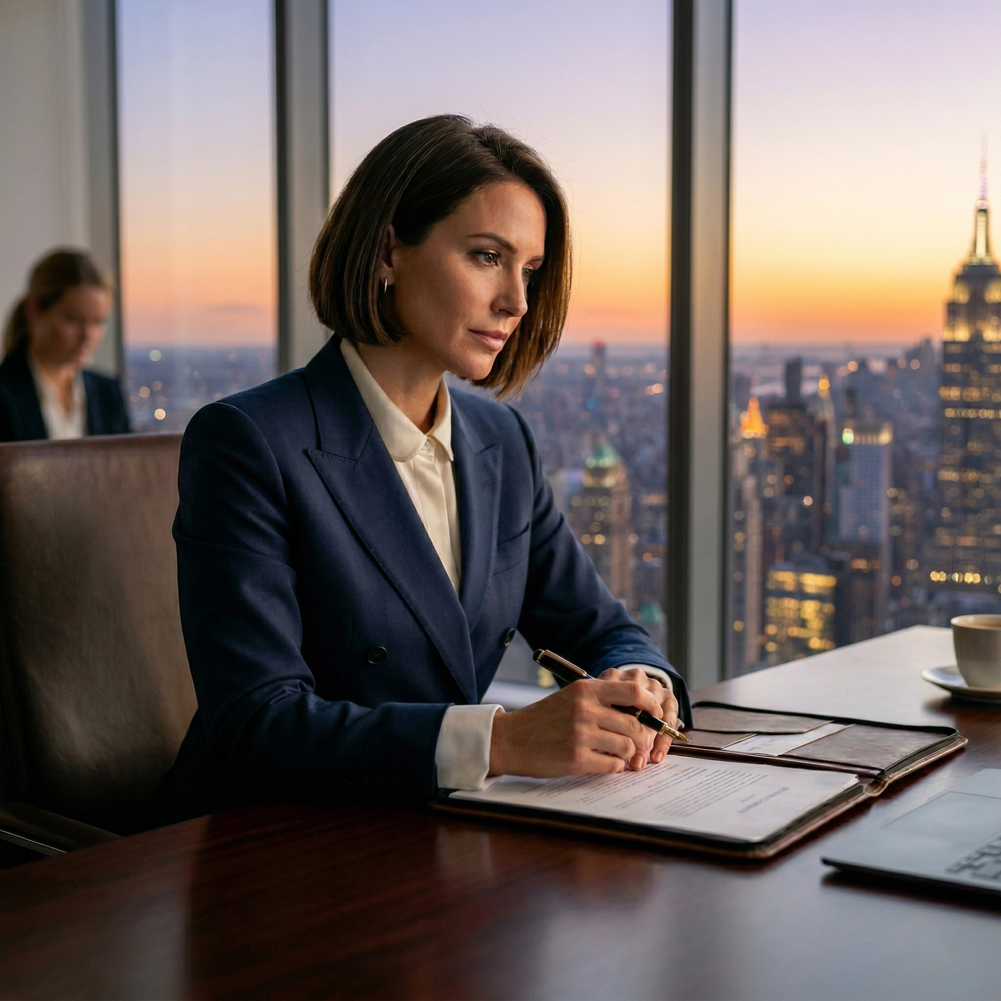 A businesswoman in an office with a city skyline view at sunset, embodying the essence of women in bespoke.