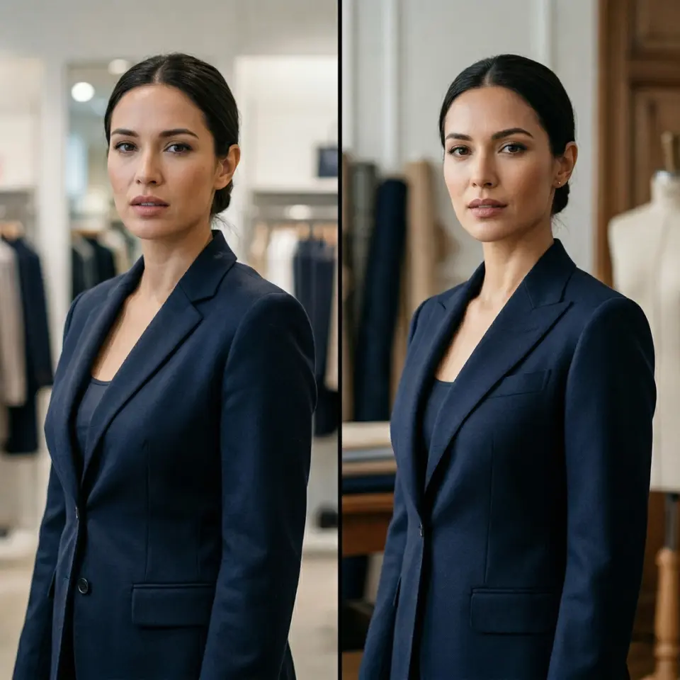 Businesswoman in navy suit, standing confidently in a modern office environment, showcasing professional attire.