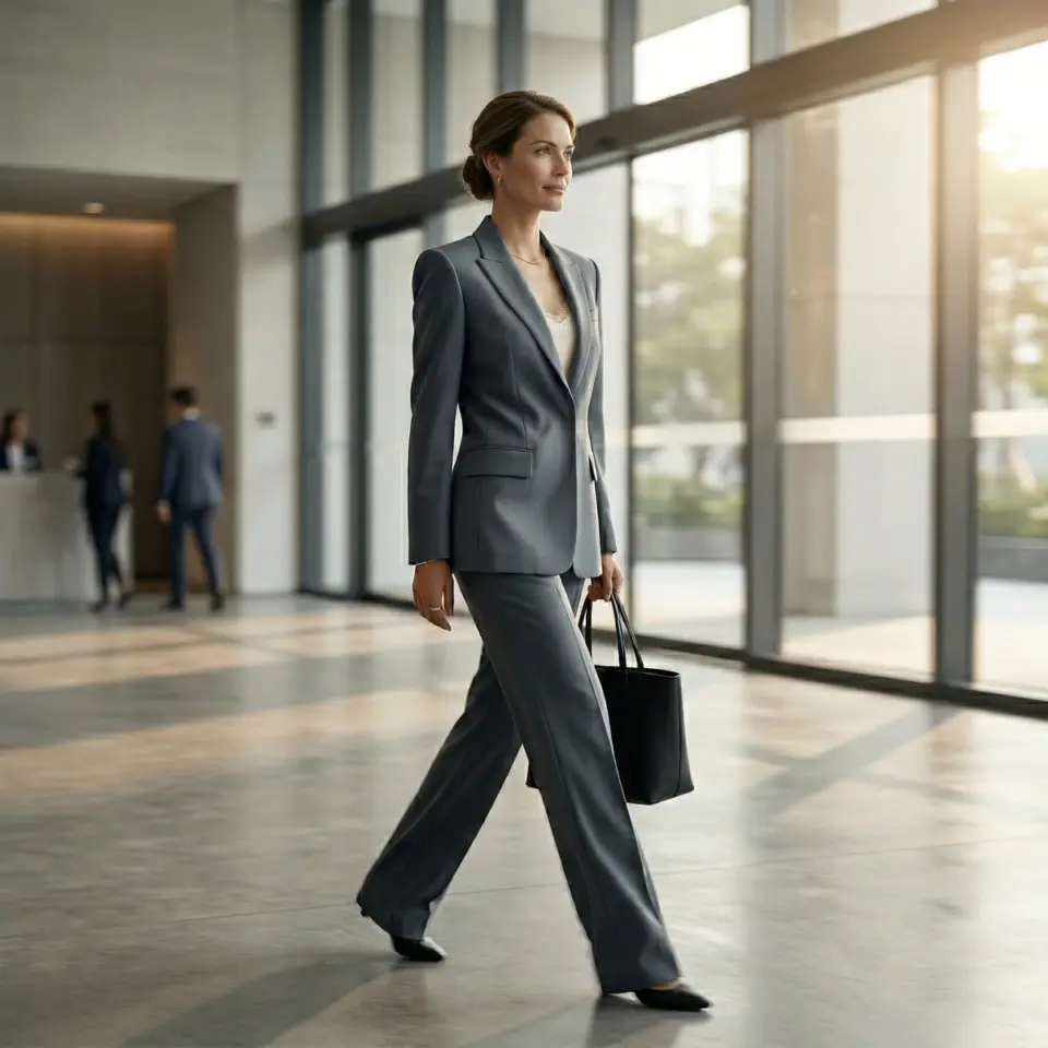 Businesswoman in a gray suit walking confidently in a modern office lobby, carrying a black bag.