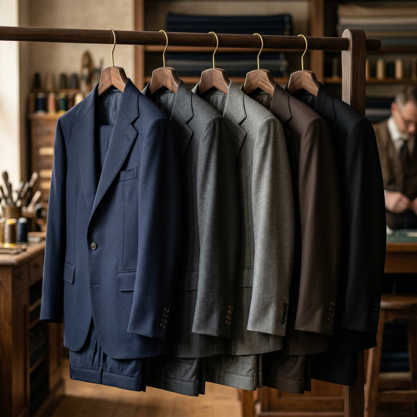 A collection of five bespoke suits on wooden hangers, showcasing timeless colors for bespoke suits: navy, charcoal, grey, brown, and black.