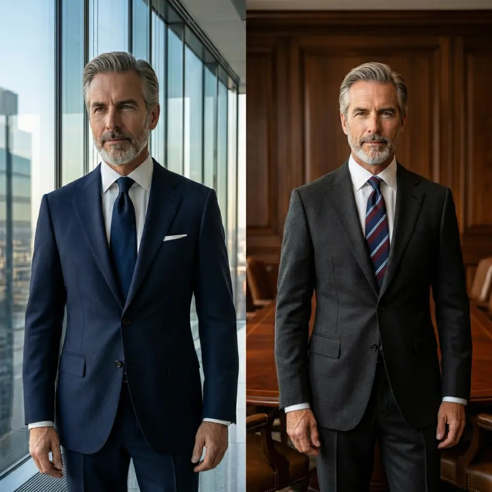 Two businessmen in suits, one by office windows, one in a boardroom, both with gray hair and beards, looking professional.
