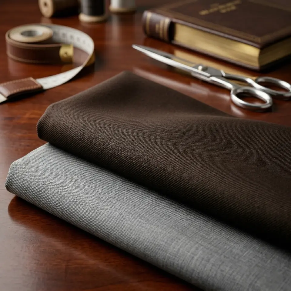 Brown and gray fabric swatches on a tailor's desk, with scissors and measuring tape, showcasing sewing tools.