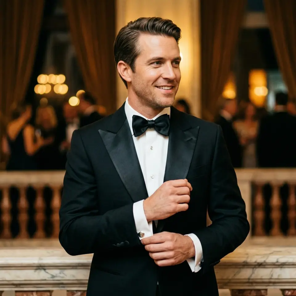 Man in a black tuxedo smiling at a formal event with blurred elegant background.