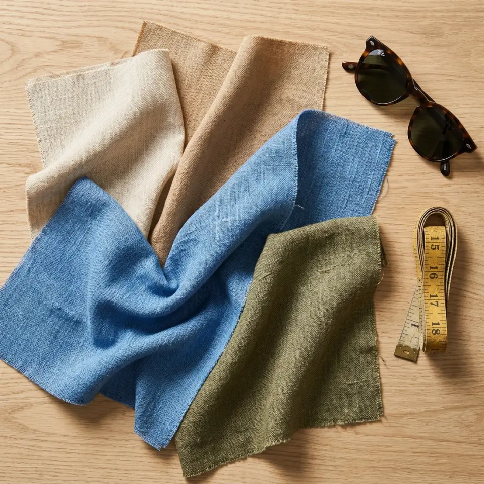 Colorful fabric swatches on a wooden surface with sunglasses and measuring tape.