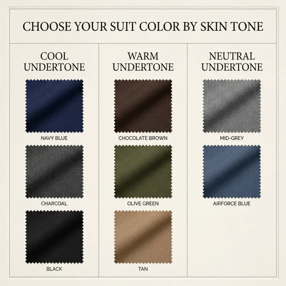 Suit color guide for skin tones: cool, warm, neutral undertones with navy, brown, grey, olive, and more.